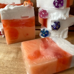 Nerd geek D20 dice glycerine soap in orange and cream: dungeon dragon fans, stocking stuffer, fun gift soap