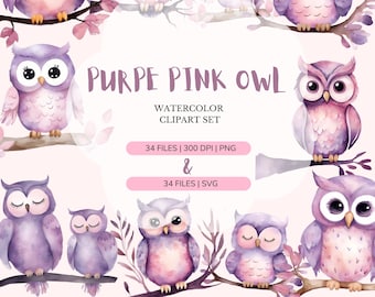 Clipart hibou violet rose | Aquarelle pour chambre d'enfant (SVG, PNG)