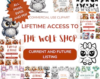Cute Owl Clipart | PNG SVG Bundle, Whole Shop Lifetime Access