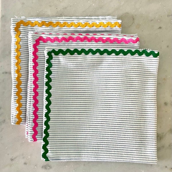 Ticking Stripe and Ric Rac Napkins - set of 6