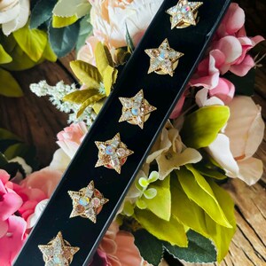 May include: A set of six star-shaped pins in a black box. Each pin has a gold-colored frame and is encrusted with iridescent and clear crystals. The pins are displayed against a backdrop of colorful flowers.
