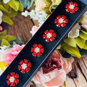 May include: Six red and white flower-shaped brooches in a black box. Each brooch has a gold-colored base, red crystal petals, and a white crystal center. The brooches are displayed against a backdrop of colorful flowers.