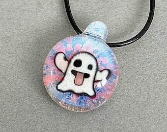 Pastel Ghost Emoji Glass Pendant Necklace Handmade Borosilicate Halloween Jewelry