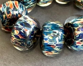 Blue Rainbow Borosilicate Lampwork Beads – Annealed Glass Art (Set of 8)