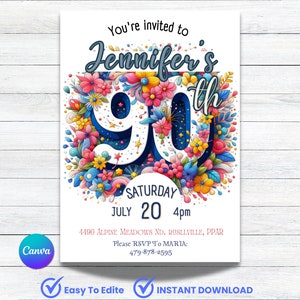 Faire-part 90e anniversaire, 90e anniversaire, idées 90e anniversaire, carte 90e anniversaire, invitation 90e anniversaire pour femme, 90e anniversaire DIY