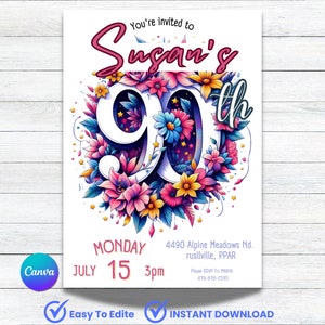 Faire-part 90e anniversaire, 90e anniversaire, idées 90e anniversaire, carte 90e anniversaire, invitation 90e anniversaire pour femme, 90e anniversaire DIY