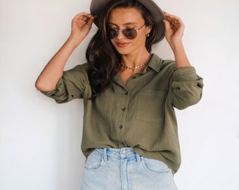 Chemise boutonnée décontractée vert olive - Chemise à manches longues coupe décontractée pour femme avec poche - Haut polyvalent et élégant à porter au quotidien