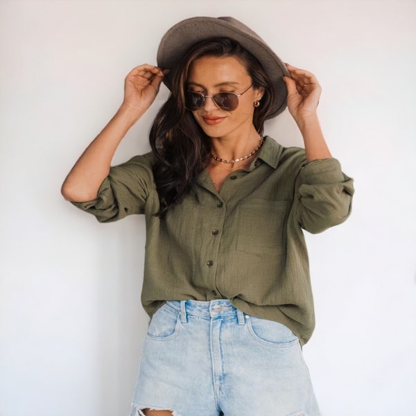 Olive Green Casual Button-Up Shirt - Women's Relaxed Fit Long Sleeve Shirt with Pocket Detail - Versatile and Stylish Top for Everyday Wear