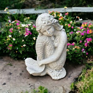 Sitting Mermaid, Yard Statue, Fairy Garden, Mermaid Sculpture, Cement Girl on Shell, Mermaid On Rock, Outdoor Figure, Backyard Gift &quot;13