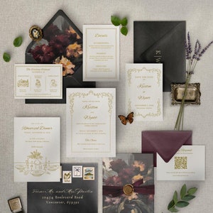 Moody Fall Wedding Invitation Suite with Hand Drawn Illustrations|Romantic Regency Weddings | Charcoal & Mauve | Editable Templates