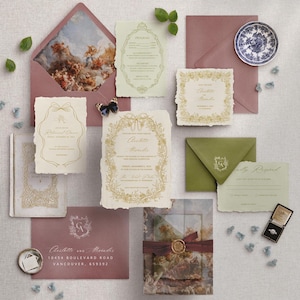 Suite de faire-part de mariage romantique vintage | Illustrations dessinées à la main | Motif floral et baroque antique | Mariage dans le jardin | Modèle modifiable