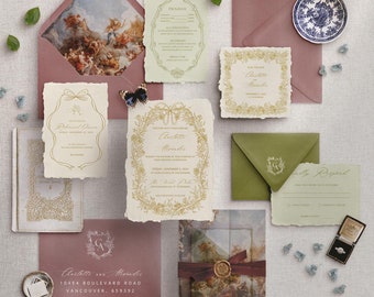 May include: A wedding invitation suite with a vintage aesthetic. The invitation features a gold floral wreath with the couple's names and wedding date. The RSVP card has a gold crest with the couple's initials. The program card has a gold frame with the wedding ceremony and reception details. The save the date card has a gold floral wreath with the couple's names and wedding date.