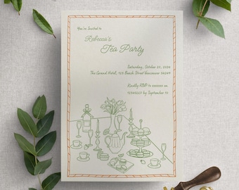 Birthday Tea Party Invitation with Hand Drawn Illustrations | Bridal Shower Invitation | Editable Template | Garden Party Theme
