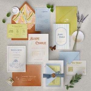 Helle bunte Retro Hochzeitseinladungs-Reihe | Boho Hochzeit im Herbsts | Handgezeichnete Illustrationen | Hochzeiten | Bearbeitbare Vorlagen