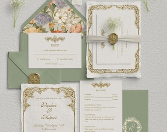 Regency Era Wedding Invitation Suite | Royal Wedding Theme with Gold Baroque Design | Vintage and Timeless Aesthetic | Customizable Template
