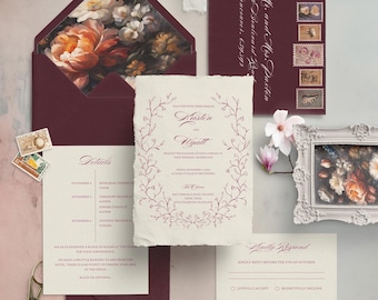 Calligraphy Burgundy Wedding Invitation Suite | Hand Drawn Design | Fine Art Wedding | Vintage Floral Editable Invitation | Fall Wedding