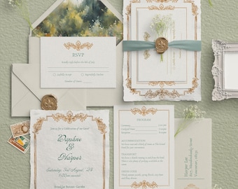 May include: A wedding invitation suite with a rustic, vintage aesthetic. The invitation features a floral design with gold accents and the names Daphne & Harper. The RSVP card is a separate piece with a floral design and gold accents. The program card is a separate piece with a floral design and gold accents. The text on the invitation reads "Join us for a celebration of our love! Daphne & Harper Saturday, 3rd August, 24 5:00pm Brooklyn Botanic Garden Brooklyn, New York Reception to follow".