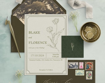Vintage Botanical Wedding Invitation Suite with Hand Drawn Illustrations | Garden Party Theme | Earthy Neutrals | Customizable Template W007