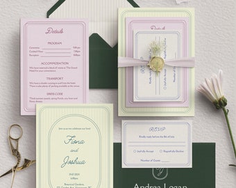 French Garden Wedding Invitation Suite | Minimalist Retro Design | Colorful Theme | Summer Pastels |  Invitation Card, RSVP, Details Card