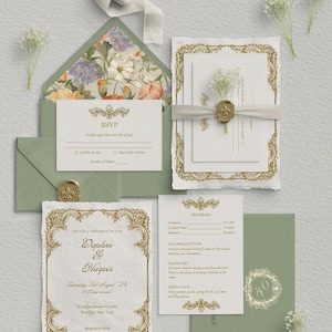 Regency Era Wedding Invitation Suite | Royal Wedding Theme with Gold Baroque Design | Vintage and Timeless Aesthetic | Customizable Template
