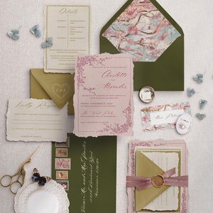 Suite di inviti per matrimonio illustrati a mano e stravaganti - Fascino antico e colorato per feste in giardino / biglietto d'invito, RSVP, scheda dei dettagli