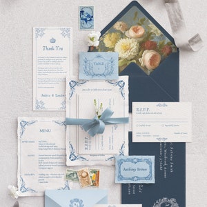 Complete set bruiloftsbenodigdheden | Op Bridgerton geïnspireerde bruiloft | Thema vintage regentschap tijdperk | Barok en klassiek design | Bewerkbare sjabloon