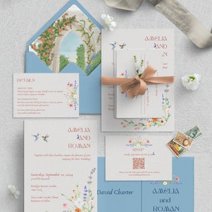 Bruiloftsuitnodiging met wilde bloemen | Handgetekende illustratie voor envelopvoering | Zomerbruiloft |  Sierlijke bloemenuitnodigingskaarten