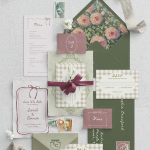 Garden-party de mariage | Ensemble complet de papeterie de mariage | Illustrations dessinées à la main | Thème romantique vintage | Coquette | Modèle modifiable