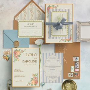 Suite de faire-part de mariage Garden-Party | Illustrations dessinées à la main | Conception Cottagecore | Lot d'invitations vintage orange brûlé et bleu cendré