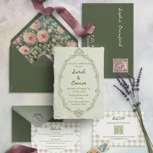 Suite de faire-part de mariage Garden-Party | Illustrations dessinées à la main | Thème Coquette | Carte d'invitation olive et rose cendrée, RSVP, carte d'informations