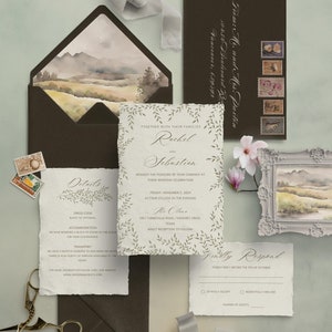 Suite de faire-part de mariage Garden-Party | Illustrations dessinées à la main | Thème de mariage d'automne | Carte d'invitation olive et beige, RSVP, carte de détails
