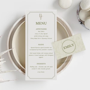 Menu de mariage et marque-places avec illustrations dessinées à la main | Thème Garden Party minimaliste | Neutres terreux | Modèle personnalisable W007
