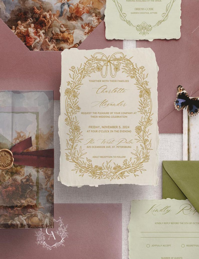 Vintage Romantic Wedding Invitation Suite | Hand Drawn Illustrations | Antique Floral & Baroque Design | Garden Wedding | Editable Template image 2