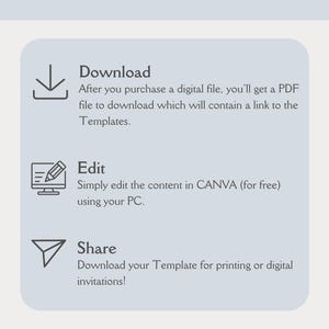 May include: A graphic showing how to download, edit, and share a digital template. The graphic includes three icons: a download arrow, a pencil and computer screen, and a paper airplane. The text reads "Download", "Edit", and "Share".