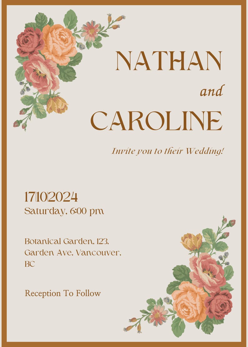 Puede incluir: Una invitaci&oacute;n de boda con detalles florales. La invitaci&oacute;n dice "NATHAN y CAROLINE Les invitan a su boda! 17102024 S&aacute;bado, 18:00 pm Jard&iacute;n Bot&aacute;nico, 123, Garden Ave, Vancouver, BC Recepci&oacute;n posterior"