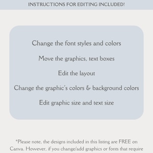 May include: A light blue graphic with the text "WHAT'S EDITABLE" in black. The text "INSTRUCTIONS FOR EDITING INCLUDED!" is below in smaller black text. The graphic lists the following editable features: change font styles and colors, move graphics and text boxes, edit the layout, change graphic and background colors, and edit graphic and text size. The text "*Please note, the designs included in this listing are FREE on Canva. However, if you change/add graphics or fonts that require Canva Pro, you will need to purchase the subscription." is at the bottom of the graphic.