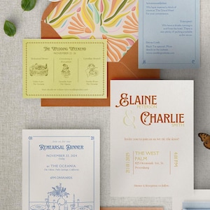 May include: A wedding invitation suite with a light blue, light green, and brown color scheme. The invitation features a stylized illustration of a table setting with a floral centerpiece. The text reads "Join us for our Rehearsal Dinner, November 22, 2024, at The Oceania, The Oasis, Palm Springs, California, 6PM Onwards."