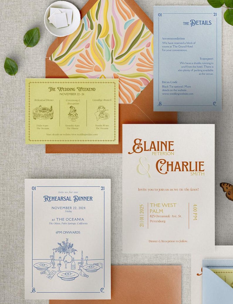 May include: A wedding invitation suite with a light blue, light green, and brown color scheme. The invitation features a stylized illustration of a table setting with a floral centerpiece. The text reads "Join us for our Rehearsal Dinner, November 22, 2024, at The Oceania, The Oasis, Palm Springs, California, 6PM Onwards."