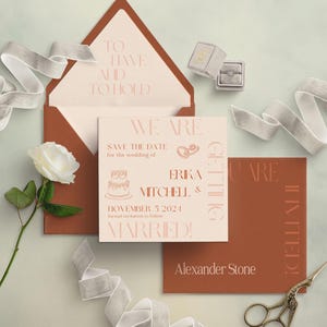 Tarjeta para guardar la fecha ilustrada a mano / Diseño moderno peculiar / Sobre colorido y forro de sobre / Naranja quemado / Plantilla personalizable