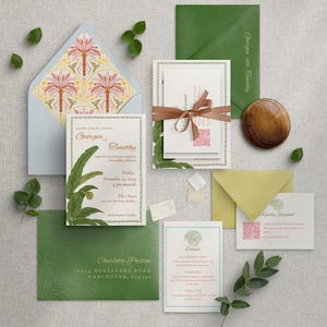 Suite tropicale de faire-part de mariage rétro | Mariages à la plage et à destination | Illustrations dessinées à la main | Mariages côtiers | Modèles modifiables