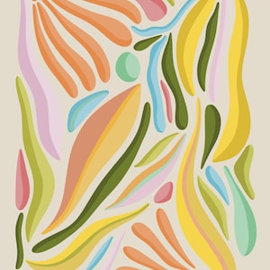 May include: Abstract art print featuring a variety of organic shapes in shades of green, yellow, orange, pink, and blue. The shapes are arranged in a random pattern, creating a visually interesting and dynamic composition.