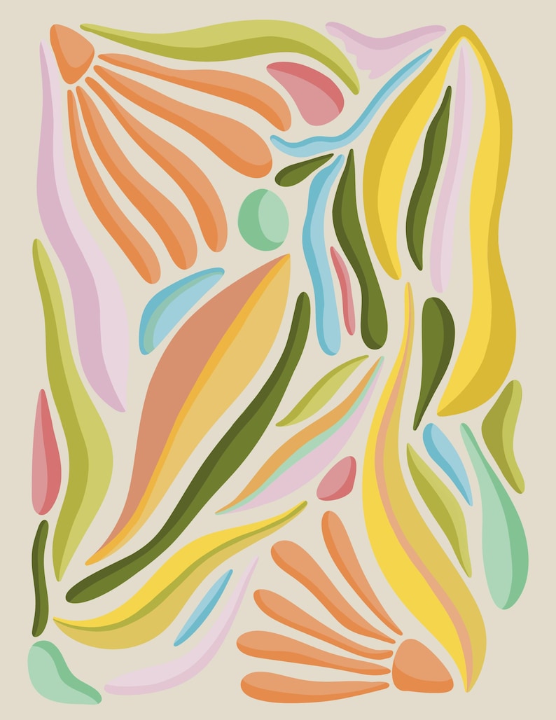 May include: Abstract art print featuring a variety of organic shapes in shades of green, yellow, orange, pink, and blue. The shapes are arranged in a random pattern, creating a visually interesting and dynamic composition.