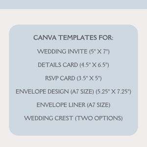 Puede incluir: Una plantilla Canva azul claro que enumera invitaciones de boda, tarjetas de detalles, tarjetas RSVP, dise&ntilde;os de sobres, forros de sobres y escudos de boda. El texto dice "What's Included" y "Canva Templates For:" seguido de la lista de art&iacute;culos. El texto tambi&eacute;n incluye las dimensiones de cada art&iacute;culo en pulgadas.