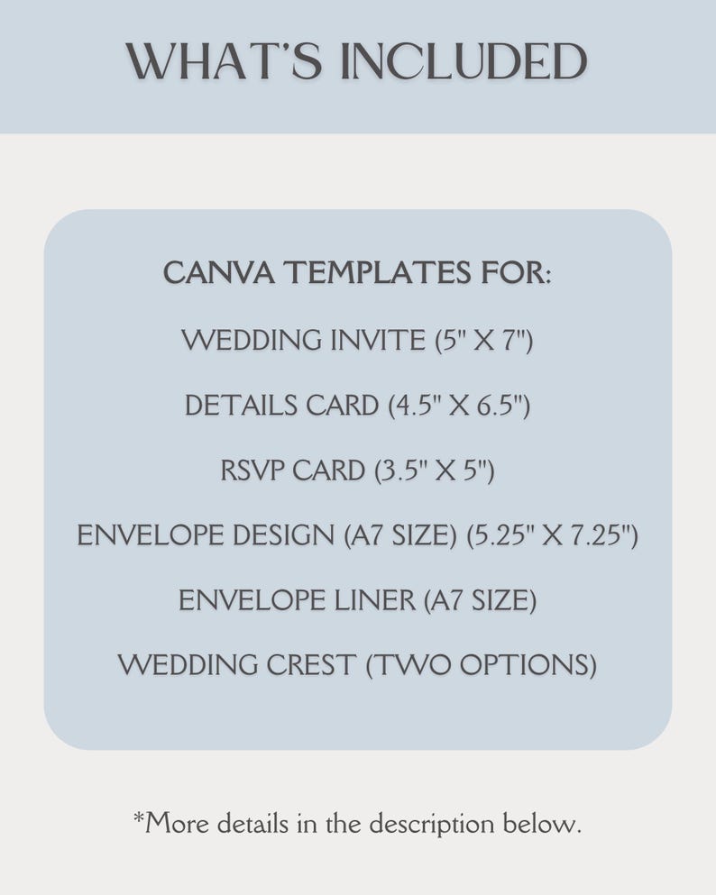 Puede incluir: Una plantilla Canva azul claro que enumera invitaciones de boda, tarjetas de detalles, tarjetas RSVP, dise&ntilde;os de sobres, forros de sobres y escudos de boda. El texto dice "What's Included" y "Canva Templates For:" seguido de la lista de art&iacute;culos. El texto tambi&eacute;n incluye las dimensiones de cada art&iacute;culo en pulgadas.