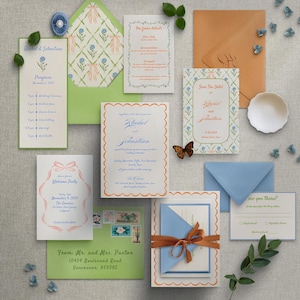 Suite de faire-part de mariage fantaisiste dessinée à la main | Thème Coquette | Thème de mariage Garden-Party coloré | Carte d'invitation, RSVP, carte d'informations