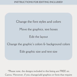 Puede incluir: Un fondo azul claro con texto blanco que dice "WHAT'S EDITABLE" y "INSTRUCTIONS FOR EDITING INCLUDED!"  Debajo del texto hay una lista de caracter&iacute;sticas editables: "Cambiar los estilos y colores de la fuente", "Mover los gr&aacute;ficos, los cuadros de texto", "Editar el dise&ntilde;o", "Cambiar los colores del gr&aacute;fico y los colores de fondo", "Editar el tama&ntilde;o del gr&aacute;fico y el tama&ntilde;o del texto".  El texto en la parte inferior de la imagen dice: "*Tenga en cuenta que los dise&ntilde;os incluidos en esta lista son GRATIS en Canva. Sin embargo, si cambia/agrega gr&aacute;ficos o fuentes que requieren Canva Pro, deber&aacute; comprar la suscripci&oacute;n."