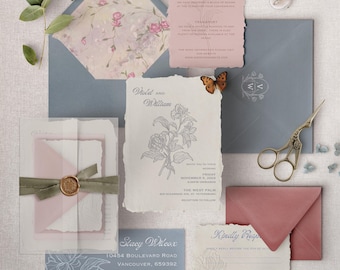 May include: A wedding invitation suite with a blue, pink, and white color scheme. The invitation features a floral design and the text "Violet and William". The RSVP card features a floral design and the text "Kindly Respond".