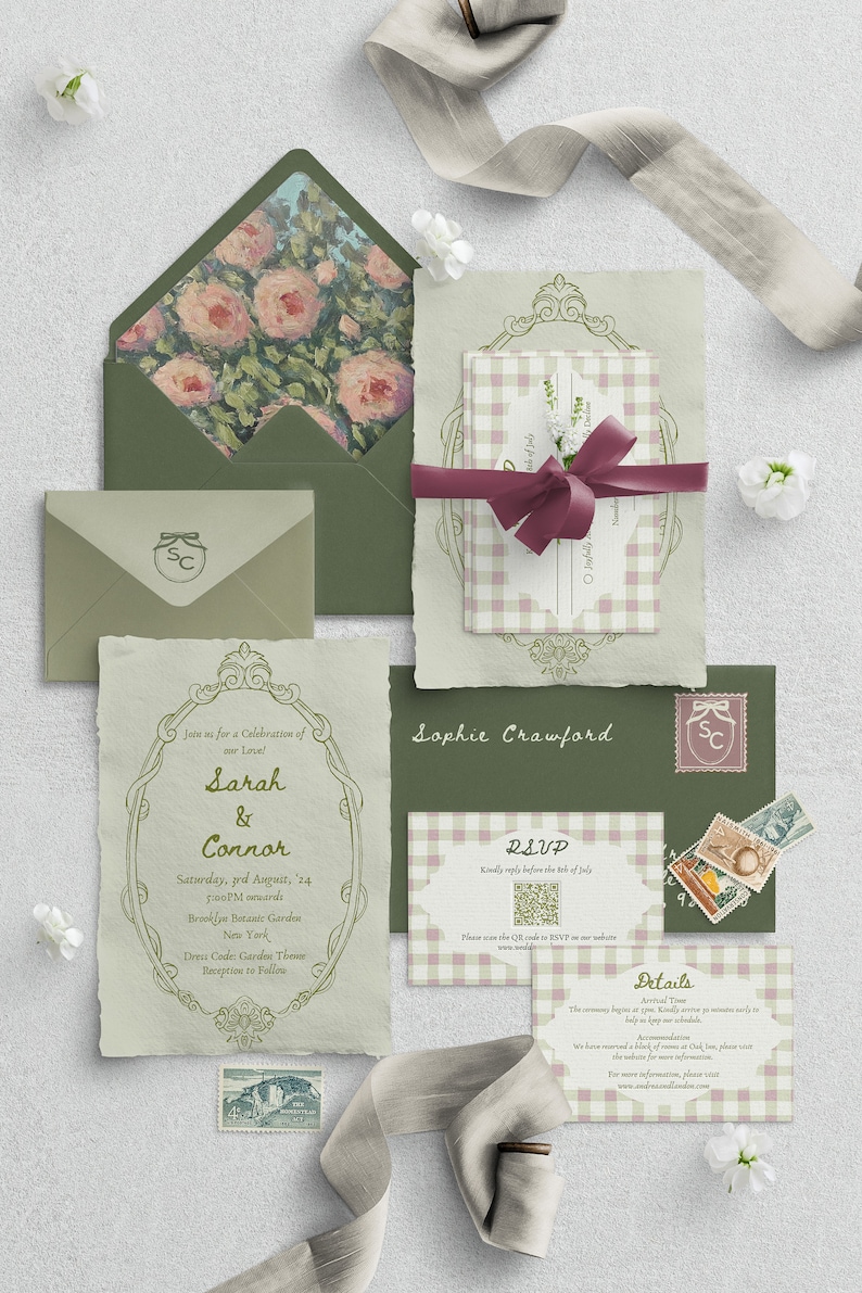 K&ouml;nnte beinhalten: Eine Hochzeitseinladungssuite in einem gr&uuml;n-wei&szlig;en Farbschema. Die Einladung zeigt ein Blumenmuster und den Text "Feiert mit uns die Liebe! Sarah & Connor". Die RSVP-Karte hat ein Karomuster und einen QR-Code. Die Detailkarte hat ein Karomuster und den Text "Details: Ankunftszeit: Die Zeremonie beginnt um 17:00 Uhr. Bitte kommen Sie 15 Minuten fr&uuml;her, damit wir Sie platzieren k&ouml;nnen."