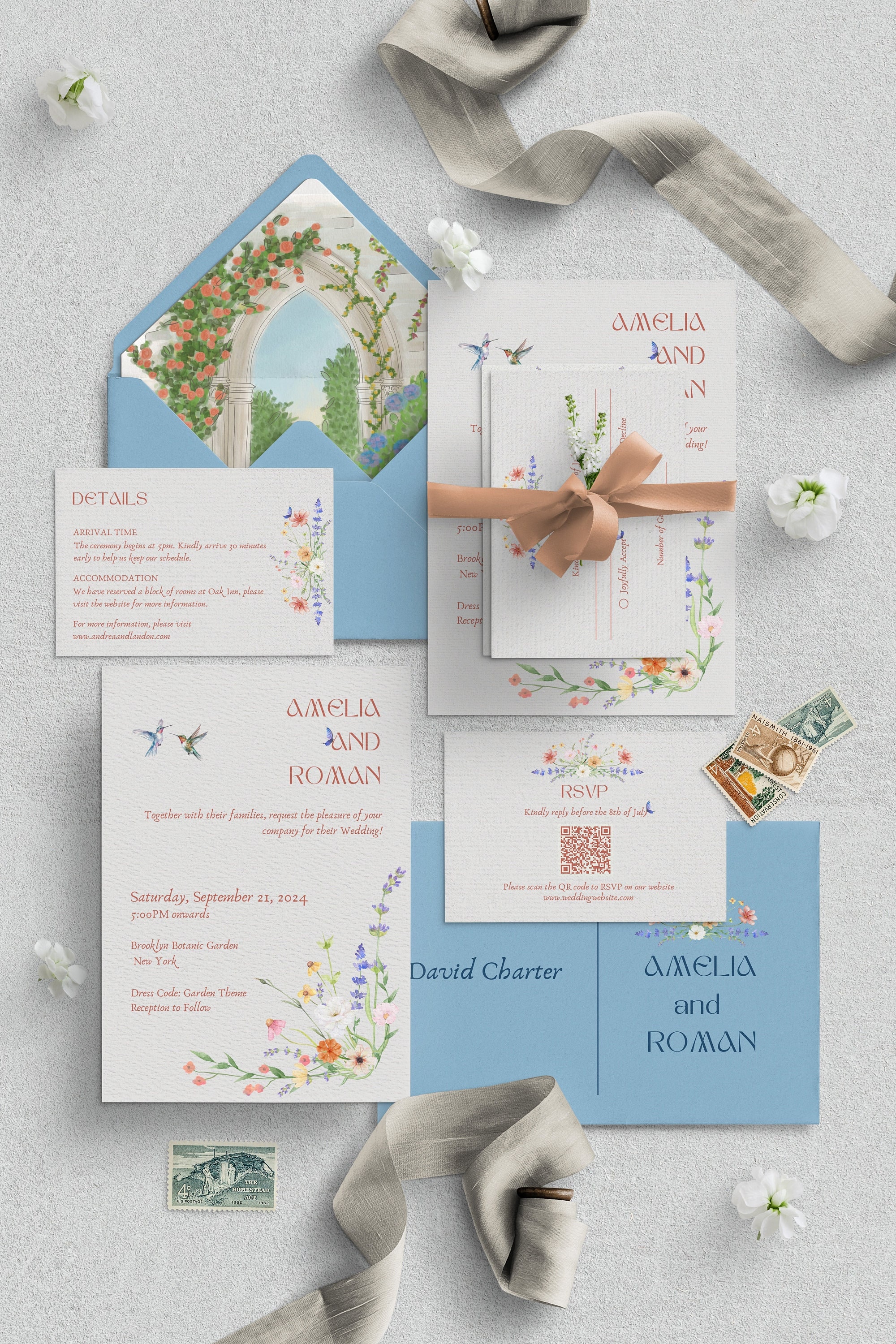 Wildflower Wedding Invitation Suite | Hand Drawn Illustration for Envelope Liner | Summer Wedding |  Dainty Floral Invitation Cards