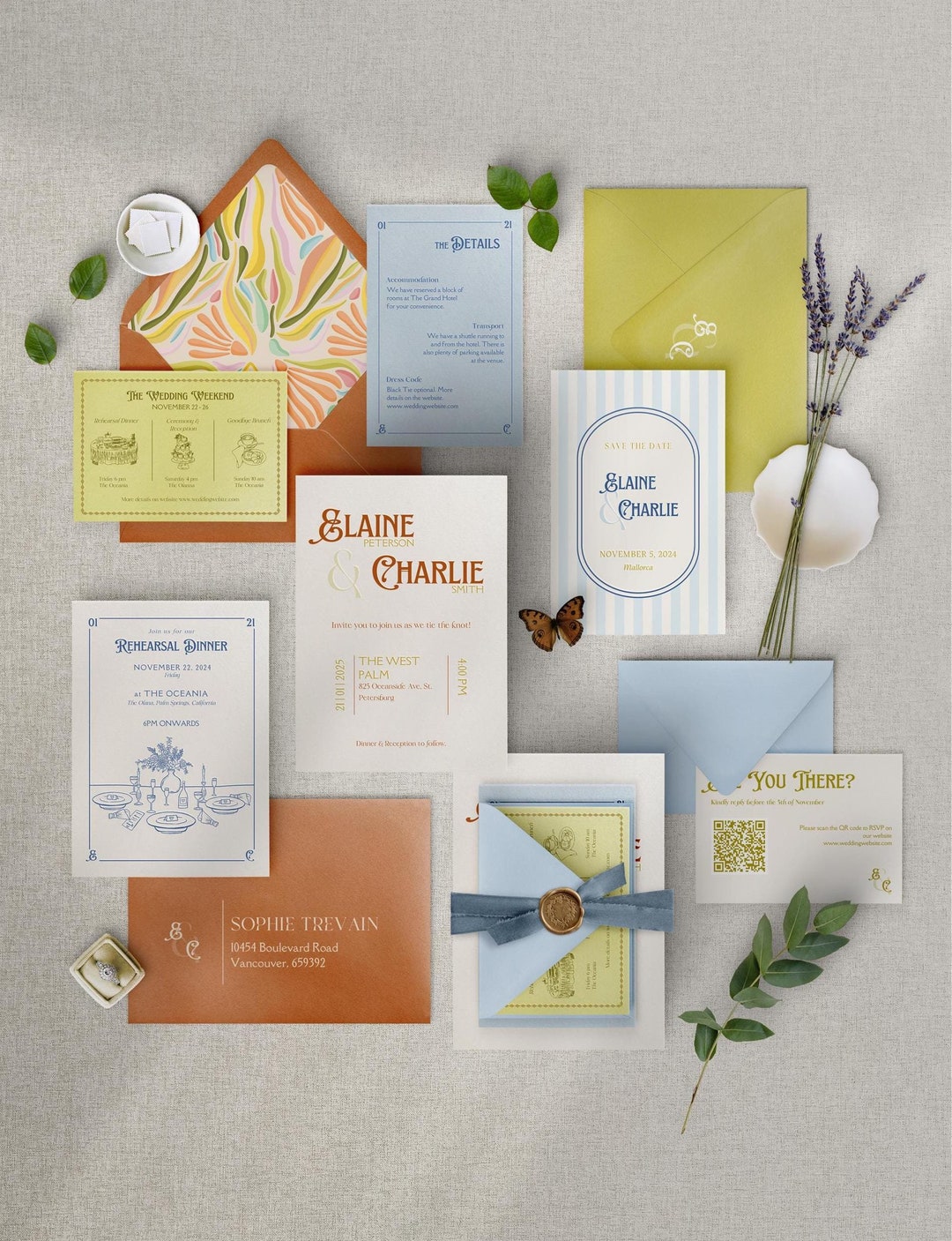 Bright Colorful Retro Wedding Invitation Suite | Boho Fall Wedding | Hand Drawn Illustrati
